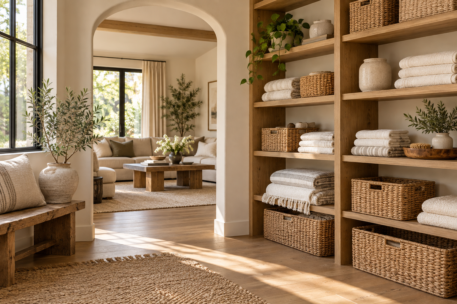 Warm, neatly organized oak shelves with woven baskets and folded linens